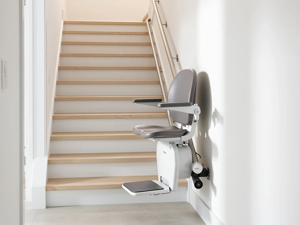 Fauteuil monte-escalier posé le long d'un escalier droit en bois clair
