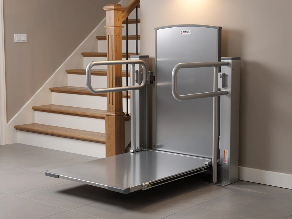 Plateforme élévatrice accueillant un fauteuil roulant au bas d'un escalier